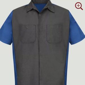 Size XL short sleeve two tone crew work shirt, button up, charcoal/royal blue